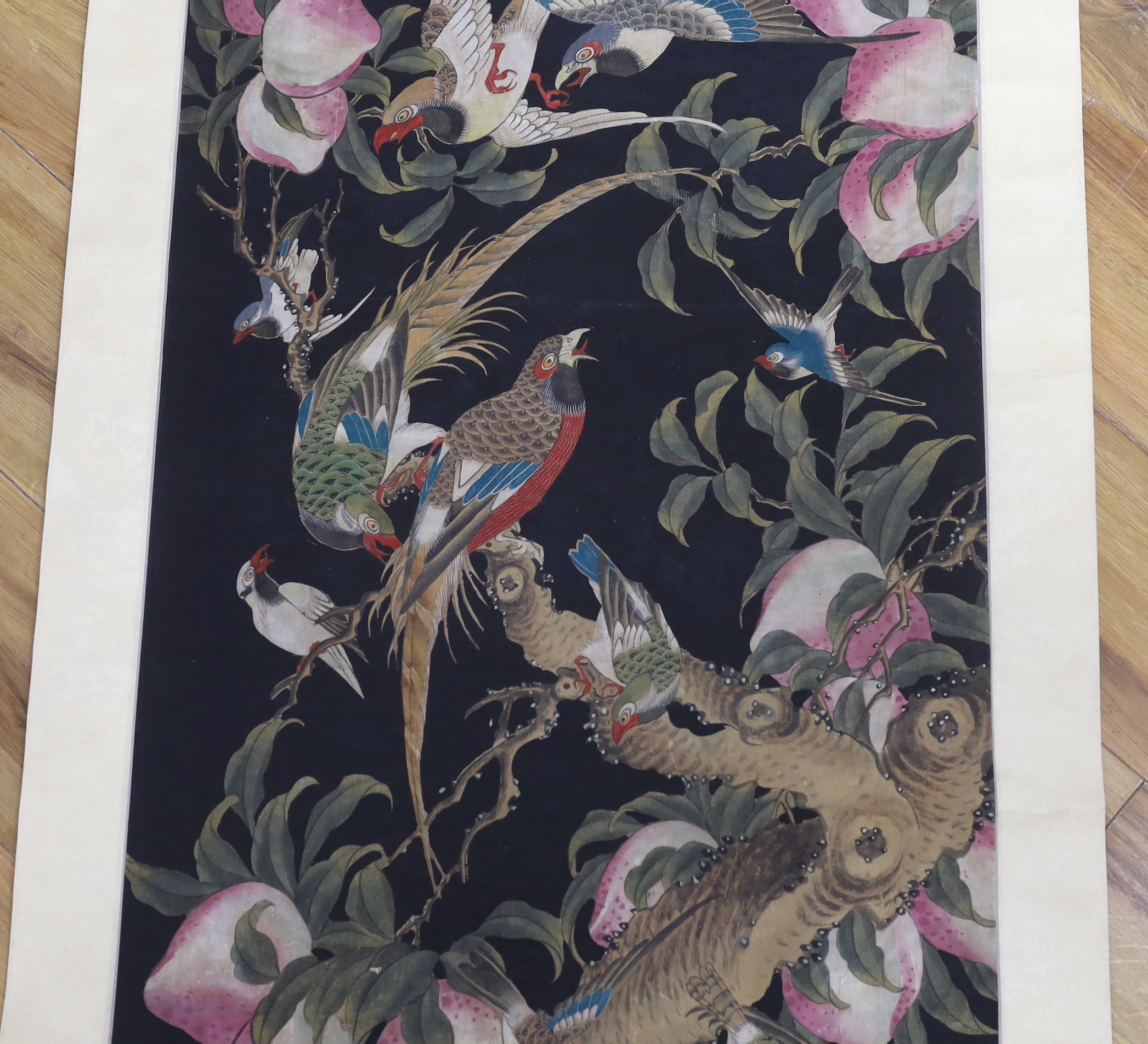 A Chinese hundred bird painted scroll, 239cm high
